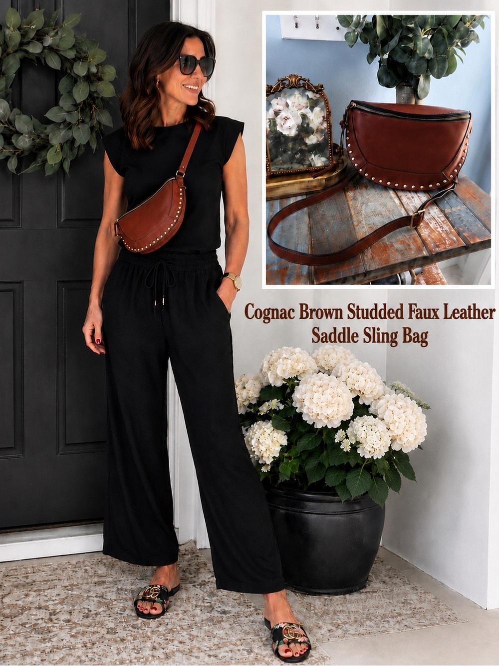 NWOT! Cognac Brown Studded Faux Leather Saddle Sling Bag